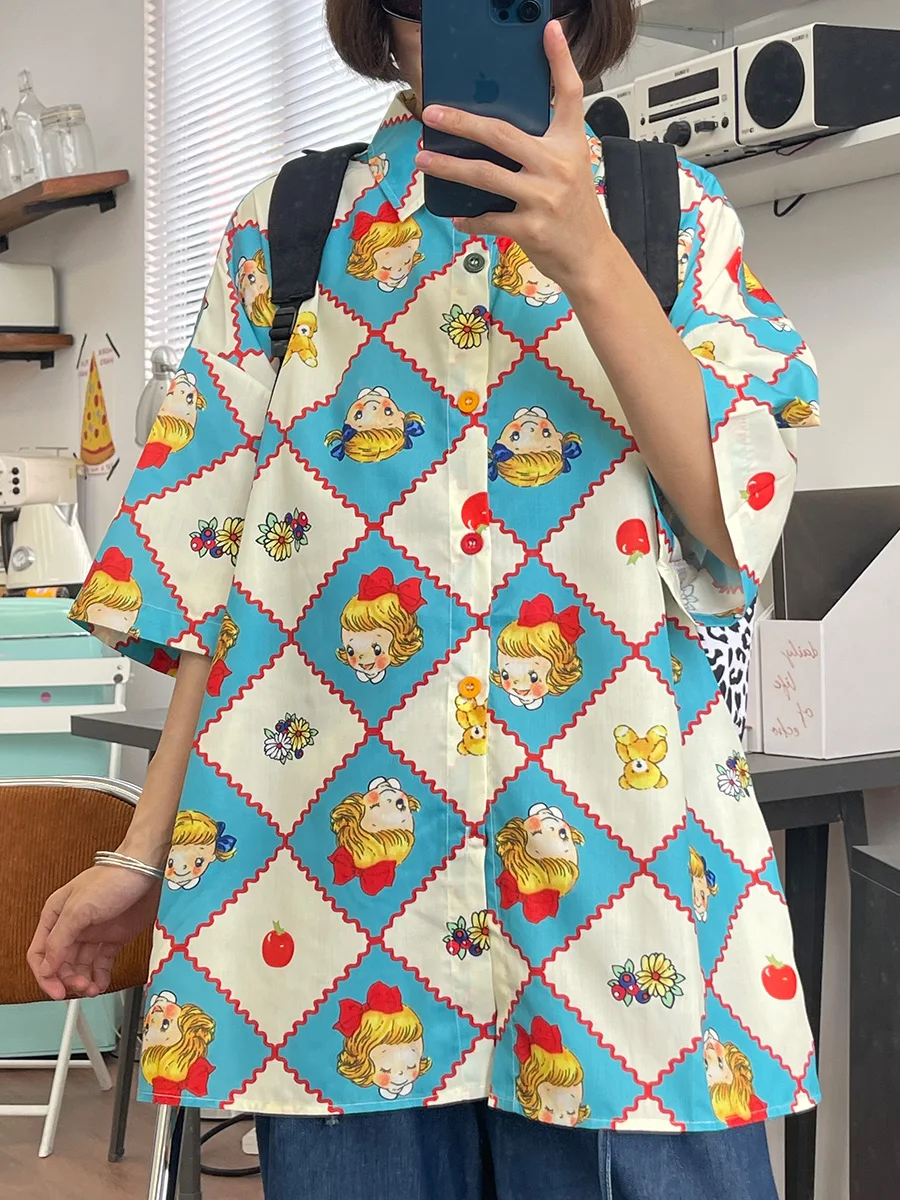 Blue and white checkered girls' cartoon short sleeved shirts, women's 2023 summer new loose fitting bf vintage top
