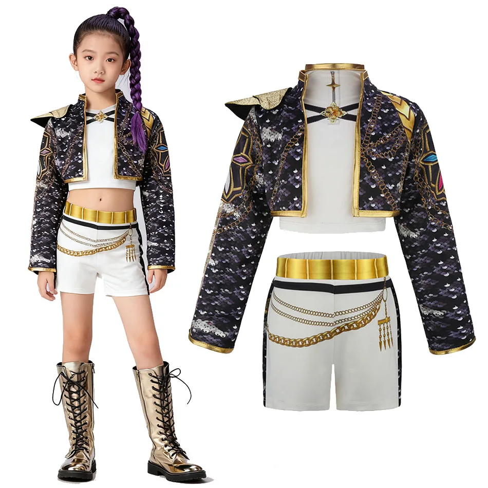 Halloween K-Pop Kostüm für Mädchen Schwarz Dreiteiliges Idol Group Outfit Kinder Bühne Cosplay Kleid Set für Konzertthema Party