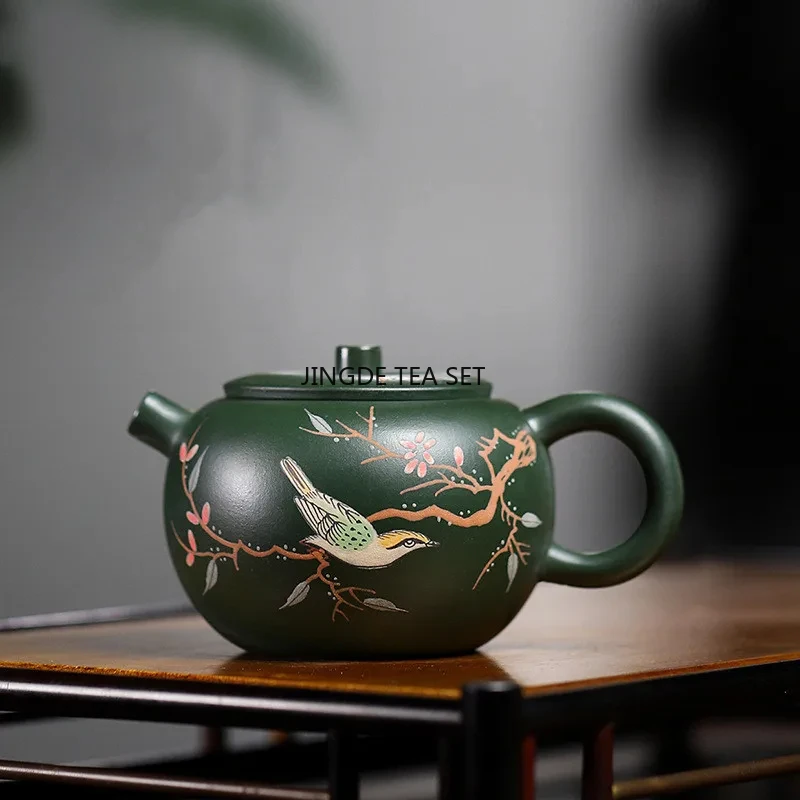 140ml Yixing purple clay teapot handmade flower and bird pot raw mineral green clay Chinese Kung Fu tea set