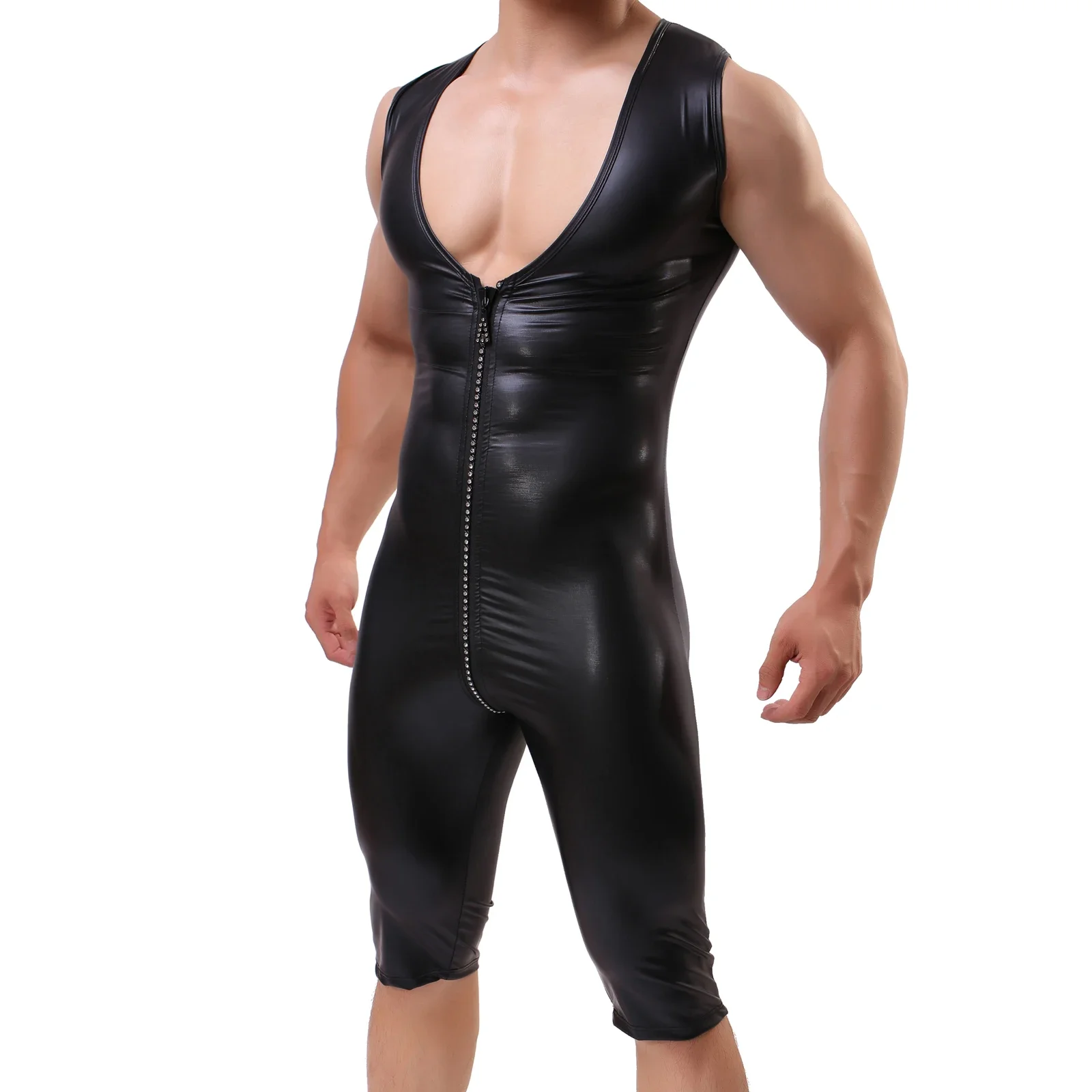Sexy Men's Undershirts Sleeveless PU Leather Bodysuits Zipper Open Crotch Leotard Jumpsuits Underwear Gay Male Wrestling Singlet