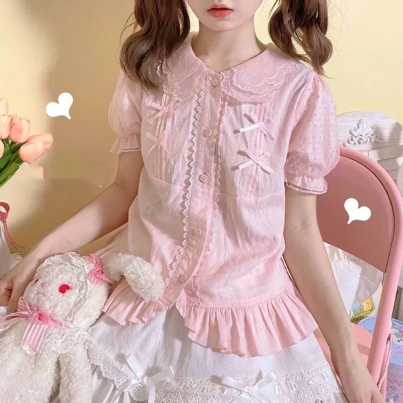 Elegant Japanese Lolita Sweet Women's 2024 Summer Multi Layered Collar Button Bow Fashion Short Sleeve Versatile Casual Shirt