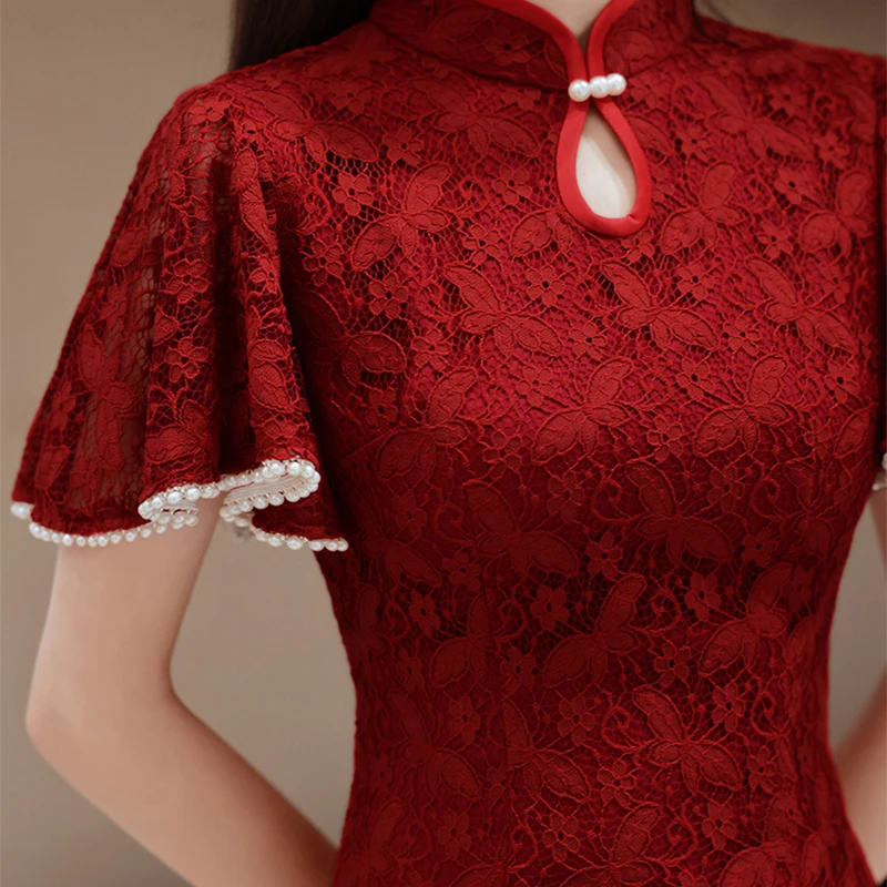 Cheongsam Dress Modern Chinese Trational Red Lace Cheongsams Qipao Vintage Oriental Wedding Party Women Dresses