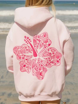 Preppy Embroidery Hibiscus Print Hoodies for Teen Girls Women Long Sleeve Oversized Graphic Pullover Sweatshirt Top Y2K Cute 2