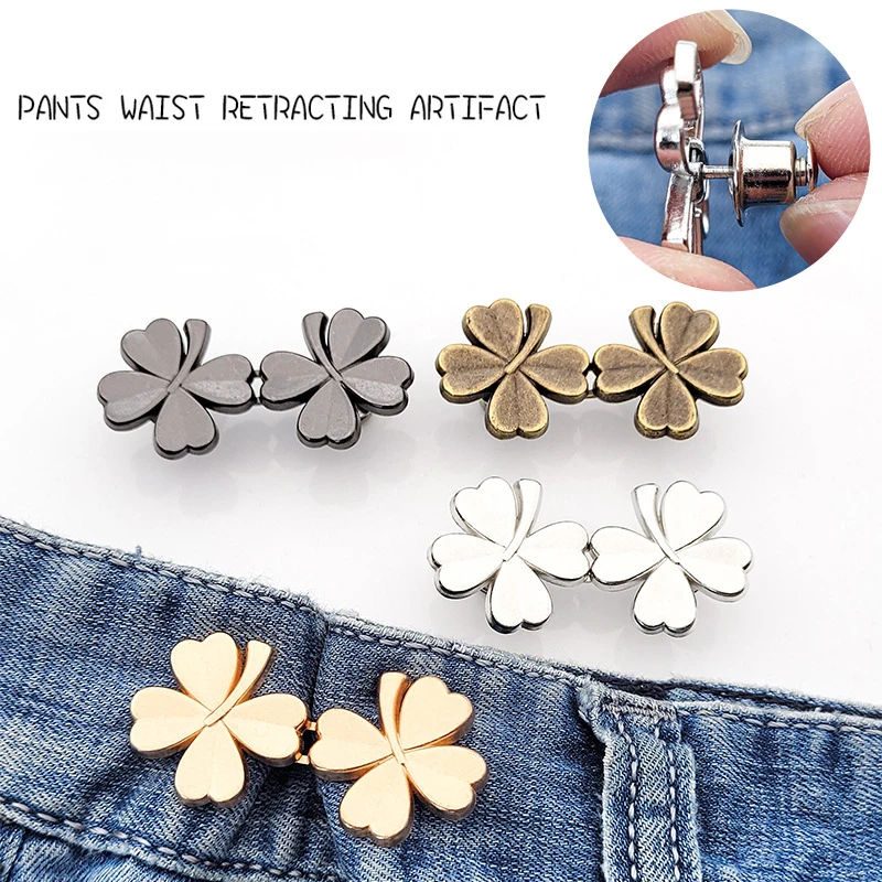 1Pair Four Leaf Clover Tightener Adjustable Waist Buckle For Jeans No Sewing Required Button Removable Pants Skirts