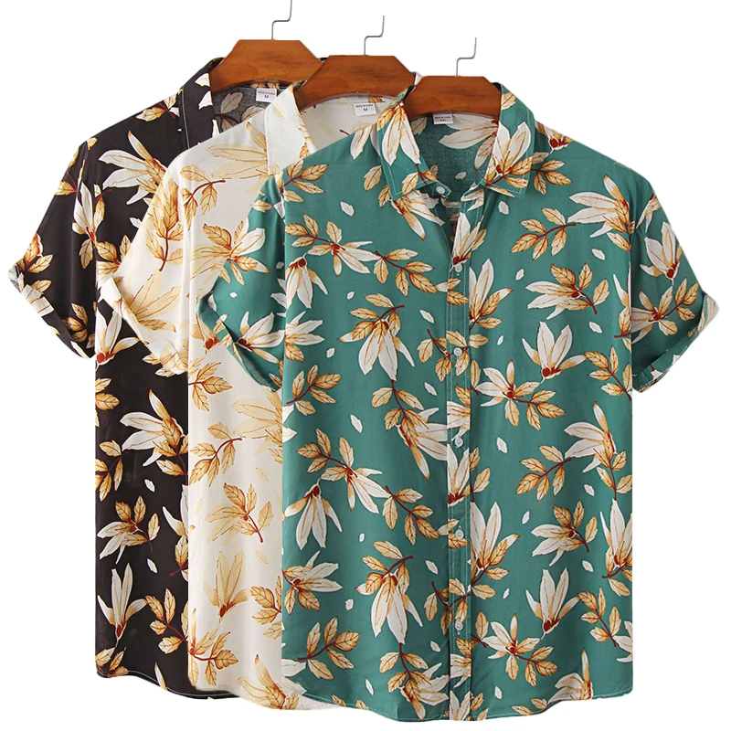 

Men's Plus Size Cotton Polyester Summer Short Sleeve Shirt Tropical Leaf Print Hawaiian Beach Male Shirts Casual Blouse For Men