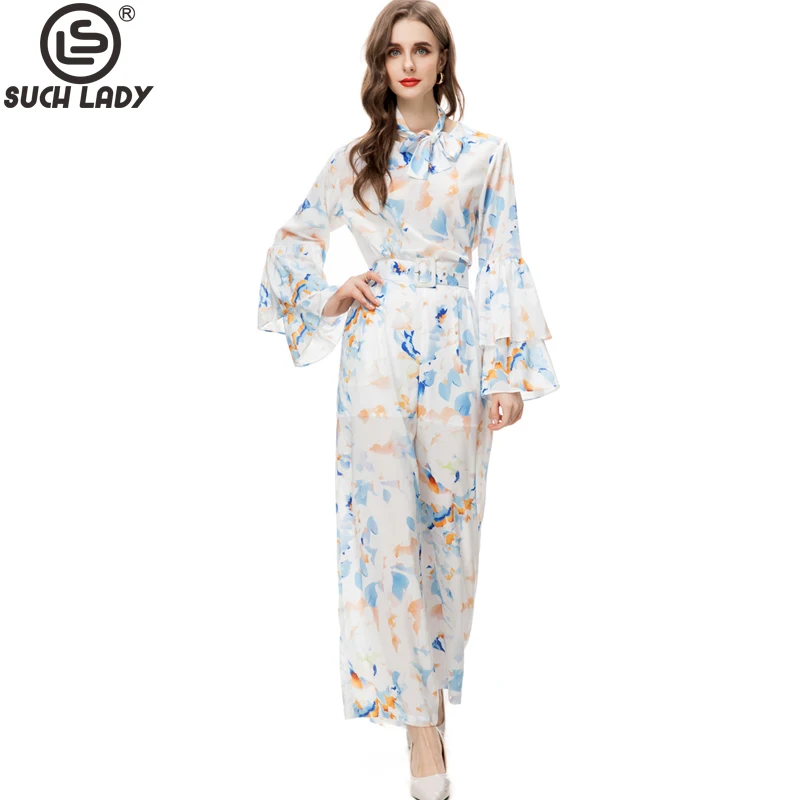 

Women's Three Piece Pants Sets O Neck Ruffles Sleeves Printed Blouse with Loose Pant Fashion Twinset