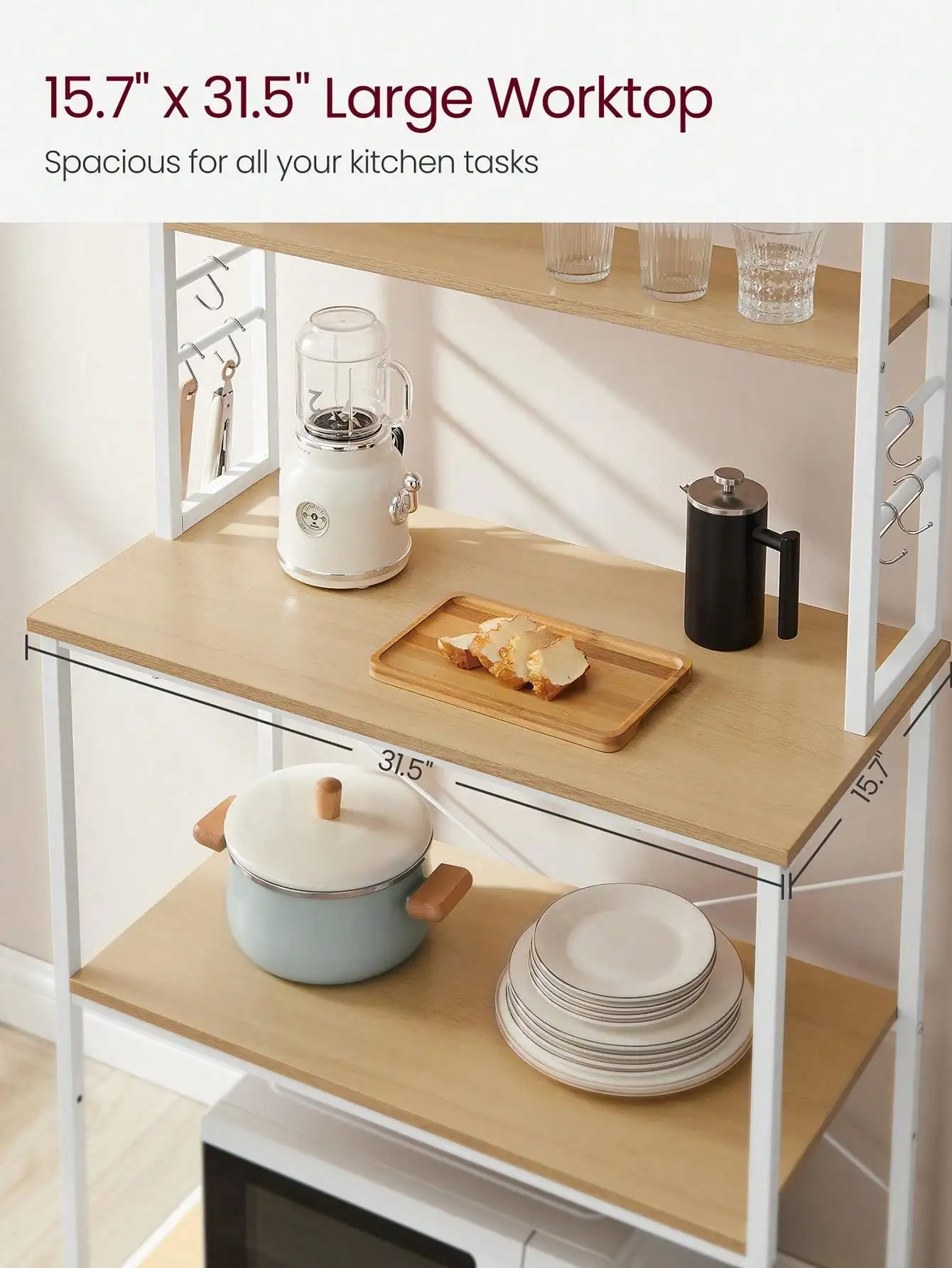 VASAGLE Baker's Rack, Microwave Oven Stand, Kitchen Tall Utility Storage Shelf, 6 Hooks And Metal Frame, Industrial 4