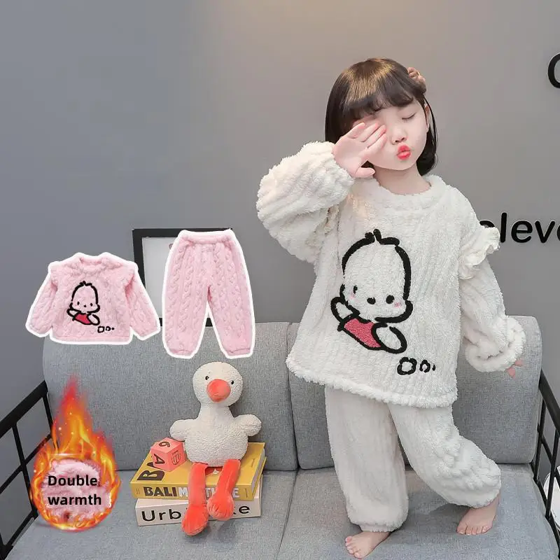 

Sanrios Children Pochacco Coral Fleece Pajamas Suit Anime Figure Tracksuit Thicken Autumn Winter Keep Warm Kawaii Cute Cartoon