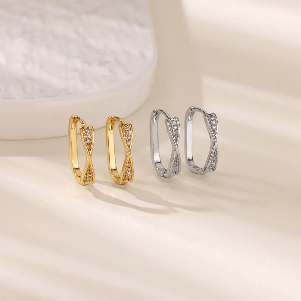 Classic Zircon Twist Hoop Earrings Gold Color Stainless Steel Cross Shape