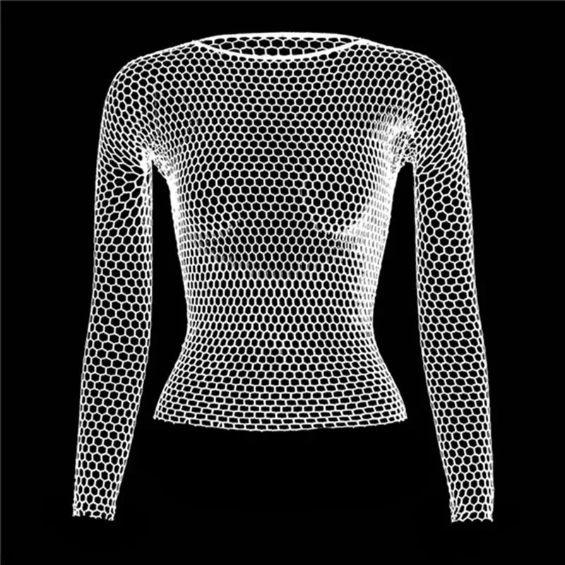Women Fishnet Mesh Tops 6 Colors Sexy See Through T-Shirt  Skinny Goth Hollow Out Long Sleeve Shirts Crop Top Shirt Streetwear 5