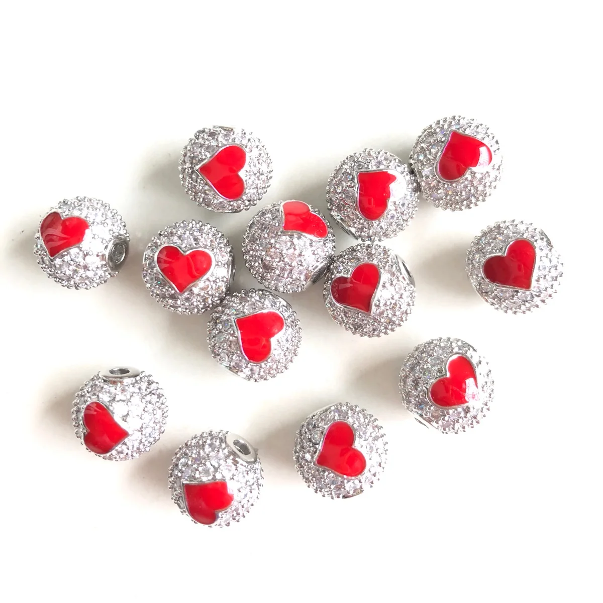 10pcs/Lot 10mm Enamel Red Heart Zirconia Paved Ball Spacers Beads for Women Bracelet Necklace Waist Jewelry Making Accessories