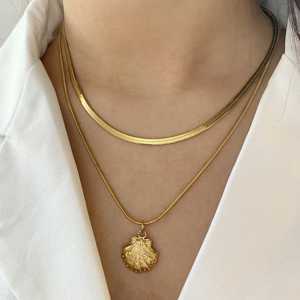 Strand Sommer Doppelschichtiger Edelstahl Hals Goldene Muschel Seestern Seepferdchen Schildkröte Anhänger Ozean Damen Klobiger Schmuck 2025 – Detail 1