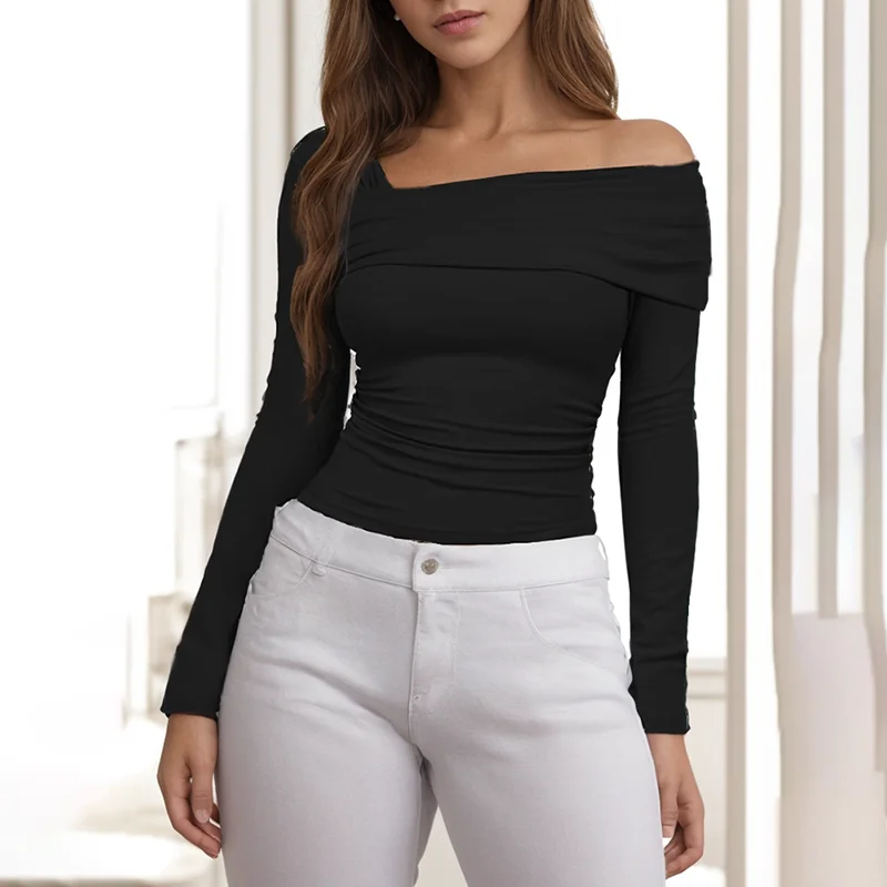 CUTENOVA Women Basic Solid Undershirt Slash Off Shoulder Full Sleeve Shirt Shrunk Soft T-Shirt Autumn Versatile Street Daily Top