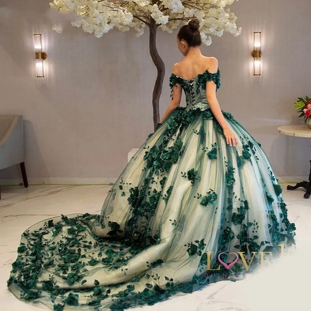 

Mint Green Quinceanera Dresses Off-Shulder Lace-up corset Vestidos De 15 Anos 3D Flower Tulle Sweet 16 Princess Party Gown