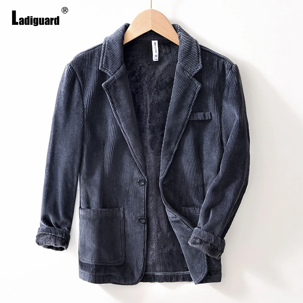 

Ladiguard 2024 New Corduroy Blazers Plus Size Mens Fashion Street Tops Outerwear Winter Plush Coats Men's Stand Pocket Jacket