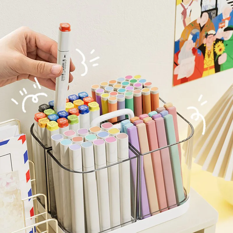 4-grid Divided Marker Pen Holder Desktop Storage Box High Quality Plastic Detachable Desktop Stationery Organizer with Handle