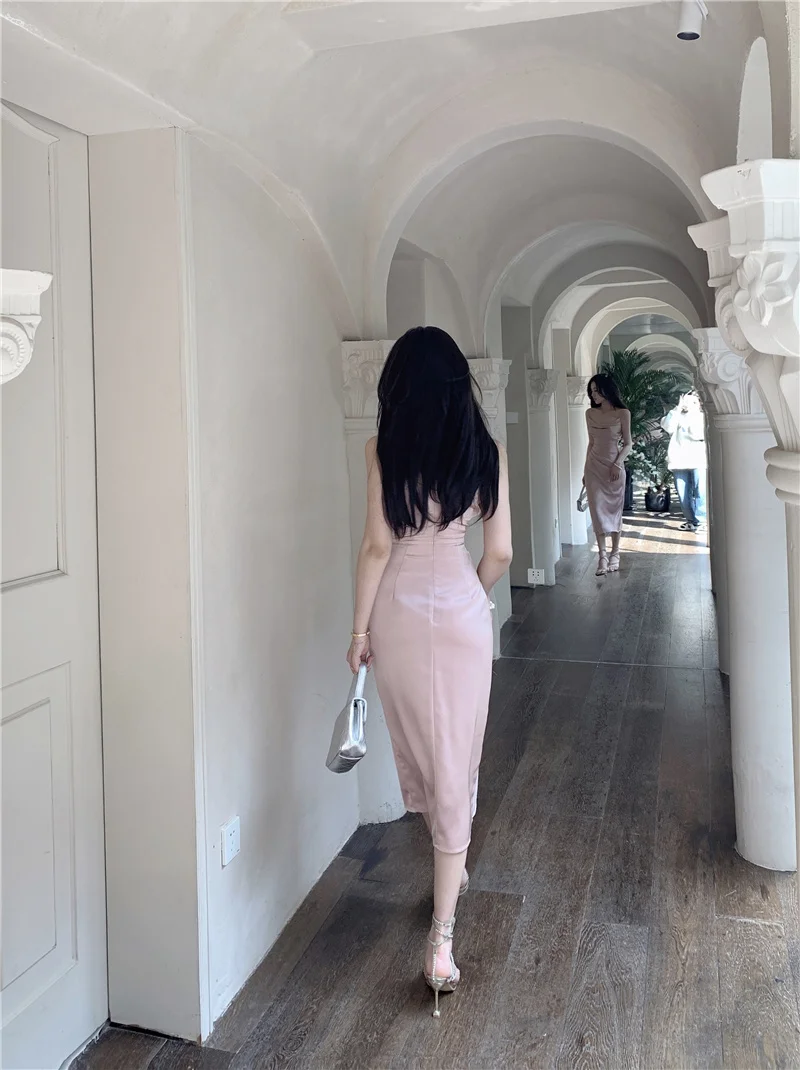 Sexy Satin Midi Dress Women New Summer Spaghetti Strap Slim Swinging Collar Split Evening Party Dresses Prom One Piece Vestido