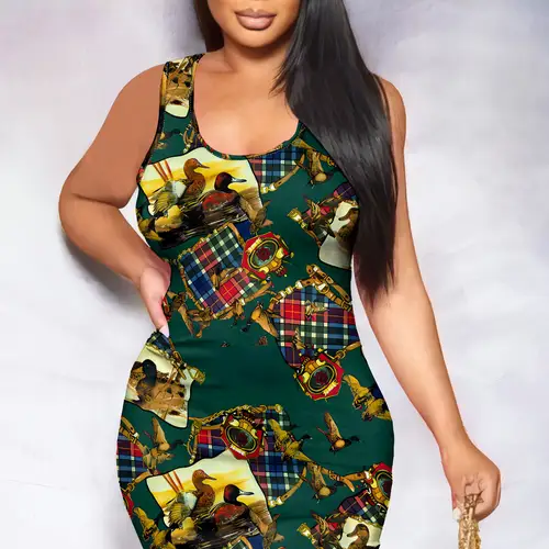 Plaid Art Print Sleeveless Midi Dress, Bodycon Tank Dress with Round Neck, Fashion Casual Wear for Women, XS-2XL - Image 2