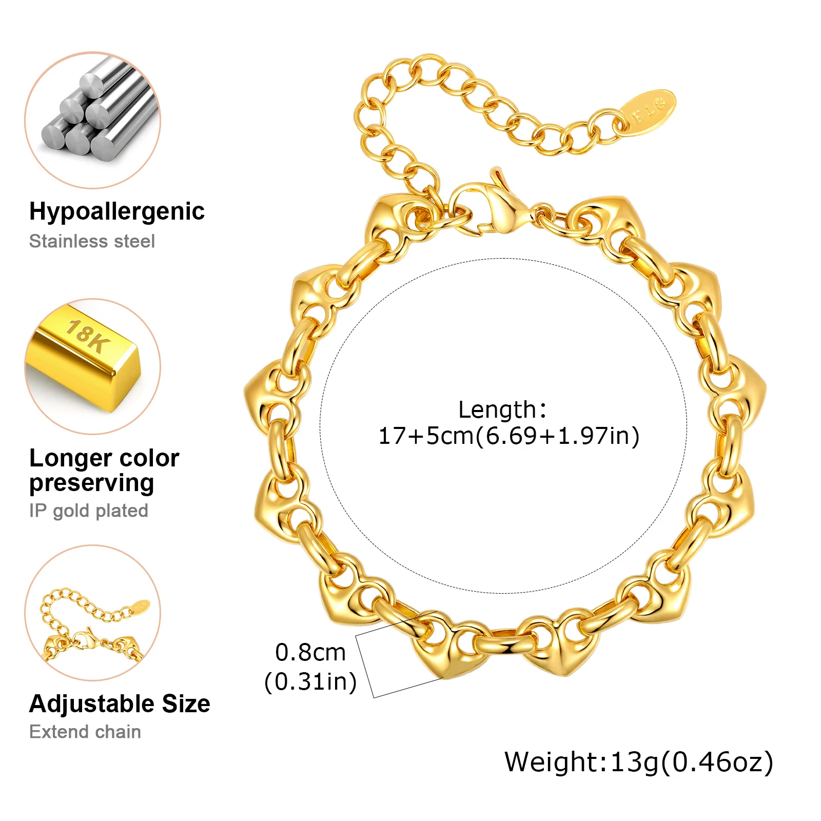 Minimalistisches klobiges Kettenarmband aus Edelstahl, goldfarbenes stapelbares dickes Kettenarmband, wasserdichter Partyschmuck für Frauen – Detail 10