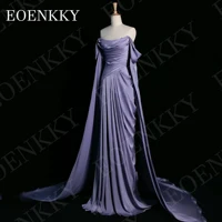 EOENKKY Evening Dress Off Shoulder Prom Purple Elegant A Line Satin Pleats Formal Party Dresses with Shawl Sleeves Customized - Image 3