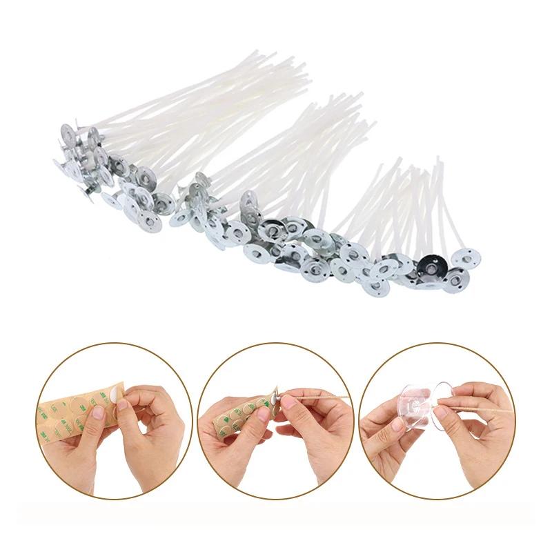 100 Pezzi Stoppini Per Candele Fai Da Te - Kit Da 10 E 15 Cm Con Adesivi E Porta Stoppini - Cotone Naturale - 2