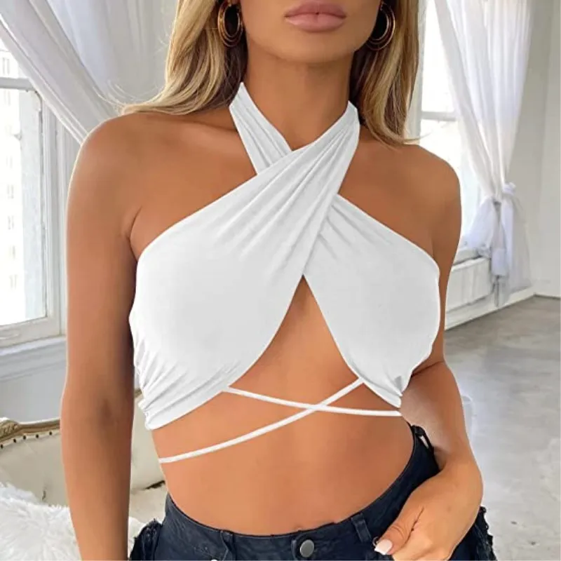 T2K cross-border hot selling summer solid color backless chest strap women's single piece top from Europe and America
