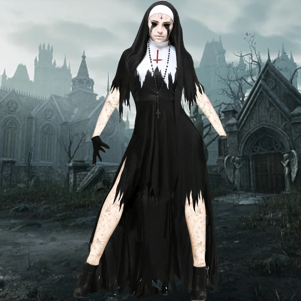 

Zombie Nun Costume for Women Horror Films The Demon Scary Priest Outfit Bride Vampire Demon Halloween Cosplay Party Costume