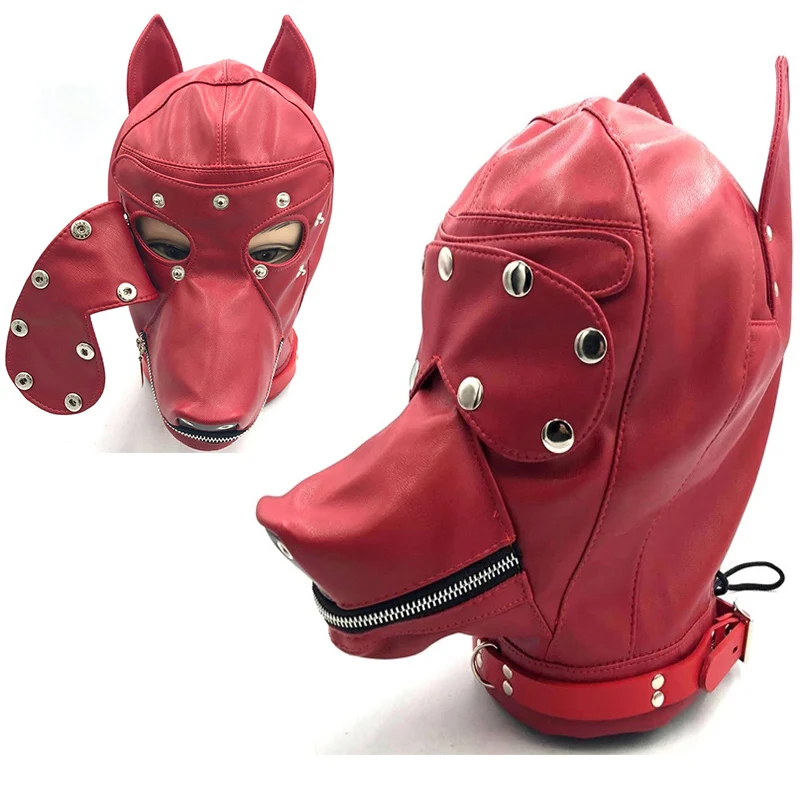 

PU Leather Dog Headgear BDSM Cosplay Zipper Open Mouth Blindfold Mask Hood Fetish Slave Bondage Restraints Sex Toys for Couples