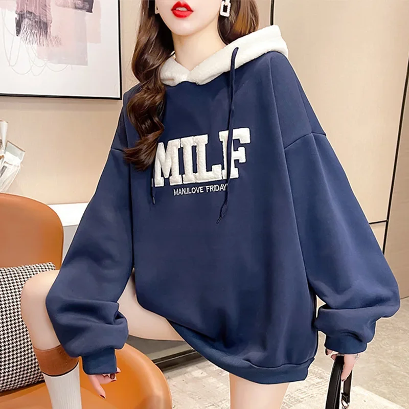 Letter Print Lamb Wool Hoodies Women Fleece Oversize Korean Style Sweatshirts Female 2024 Autumn Girls Casual Pullovers loose oversize hooded fur integrated imitation lamb wool thick quilted coat jackets female 2023 autumn winter new women s parkas