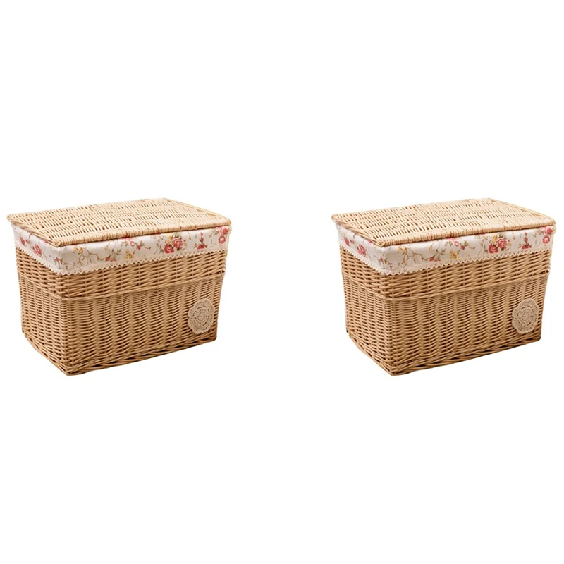 

2X Wicker Storage Basket Hand-Woven Storage Basket Multipurpose Container With Lid For Desktop Home Decoration