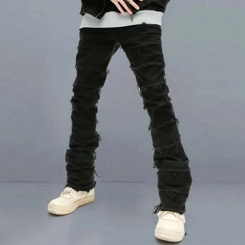 

Men Mid-rise Button Zipper Fly Jeans Solid Color Straight Leg Burr Edge Slim Fit Ripped Denim Pants Hip Hop Trousers Streetwear