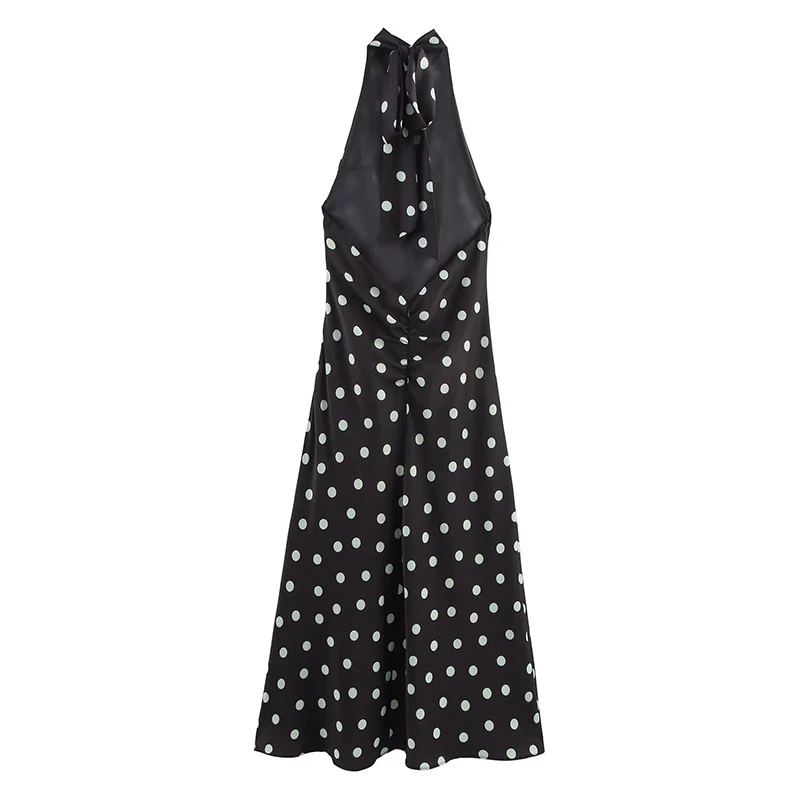 2025 Polka Dot Printed Long Dresses Chic Fashion Backless Dress Hanging Collar Midi Dresses For Women Pleated Summer Dress