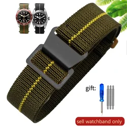 Vintage - Style French Parachute Elastic Nylon Watch Strap - Universal Men's Smartwatch Wristband (Classic 60s Inspired Design) - 22mm (Green yellow - Black)