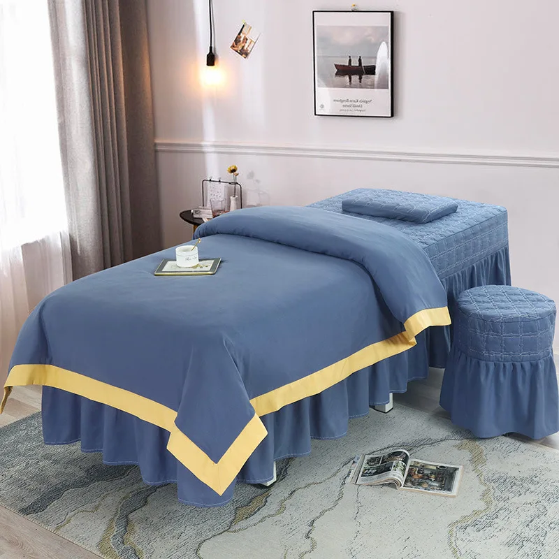 4pcs Simple Style Beauty Salon Bedding Sets Massage Spa Bed Sheets Bedspread with Hole +Pillowcase+stool Cover +Duvet Cover Set