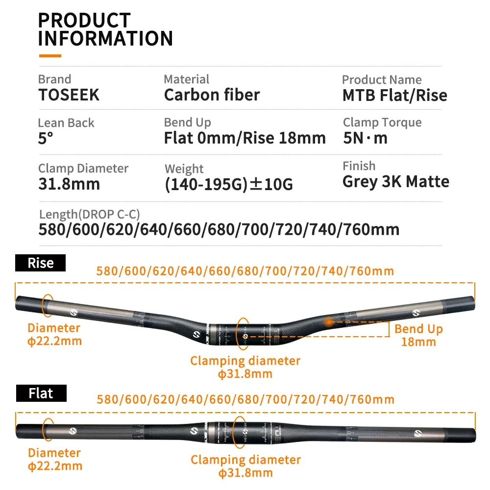 TOSEEK Carbon Handlebar MTB Handlebar Flat Or Rise Handlebar 31.8*580/600/620/640/660/680/700/720/740/760mm Matte Bike Parts