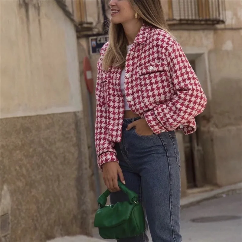 

Woman Elegant Red Loose Plaid Tweed Jacket 2022 Spring Casual Female Diamond Button Jackets Ladies Oversized High Street Outwear