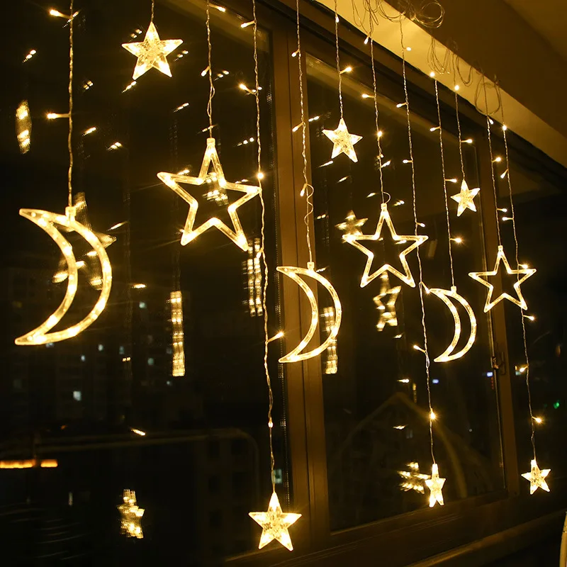 

EU Plug Eid Moon Star Curtain Fairy Lights Christmas Decorations Outdoor Garland Fairy Garden Decor Wedding Holiday Party Decor