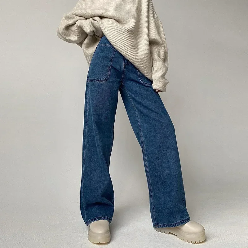 Women Pocket Design Harajuku Retro High Street Clothing 2021 Summer New Y2k High Waist Loose Bag Hip Waide Leg Denim Trousers