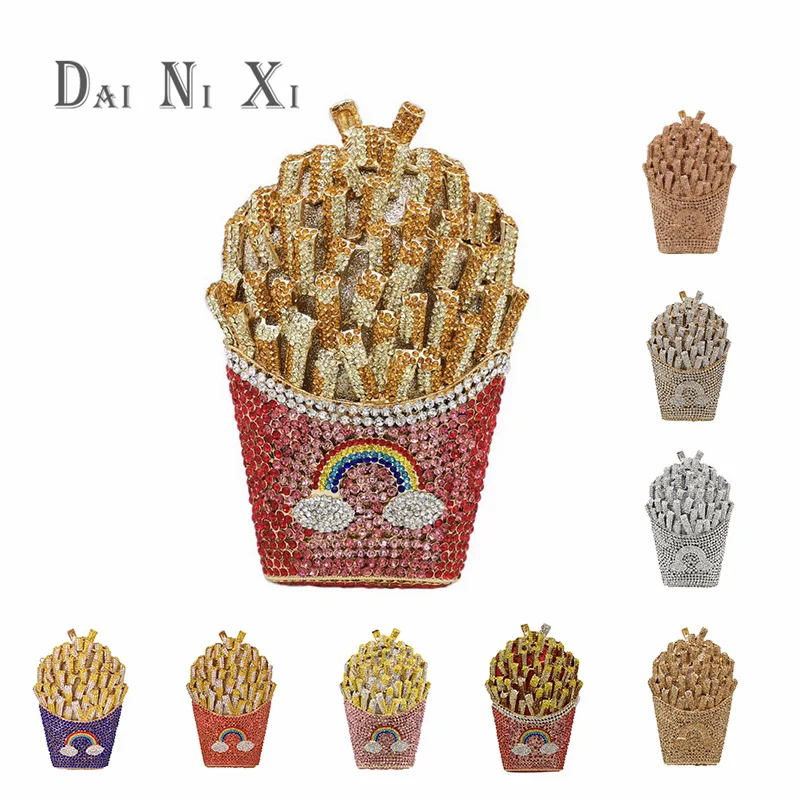 French Fries Chips Shaped Rainbow Rhinestones Mini Clutch Party Purses - Green