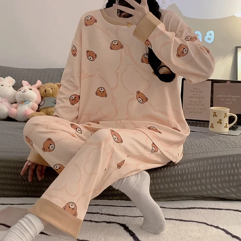 Women's Pajamas Long Sleeve Cotton Sleepwear Casual Sweet Home Clothes Set for Women in Spring Autumn and Winter