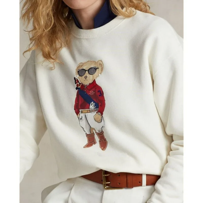 

RL High Street Women's Bear Print Hoodies Fashion Casual Solid Unisex Sweatshirt Vintage American Hem Design Hooded Sweatshirt