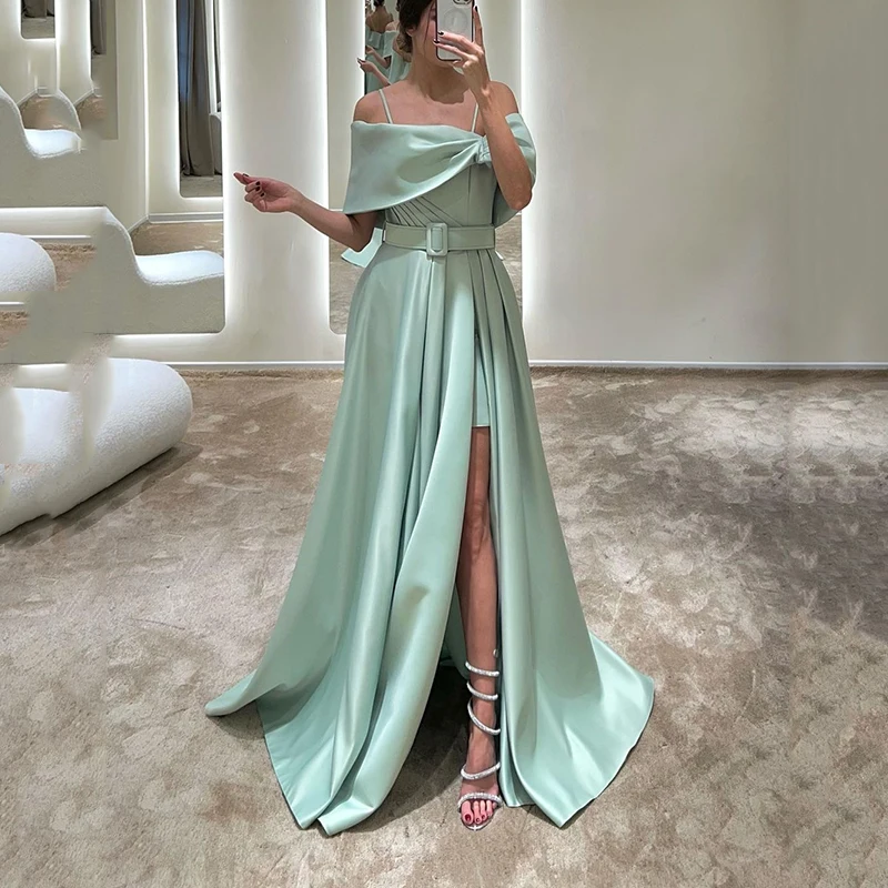 

UZN Elegant A-Line Evening Dresses Off the Shoulder Spaghetti Prom Dress Satin Side Slit Belt Party Gowns Custom Size