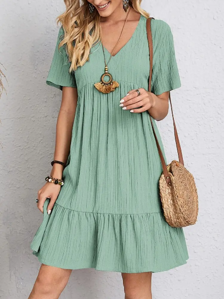 Elegant V Neck Ruffle Mini Dress - Womens Casual Summer Sundress