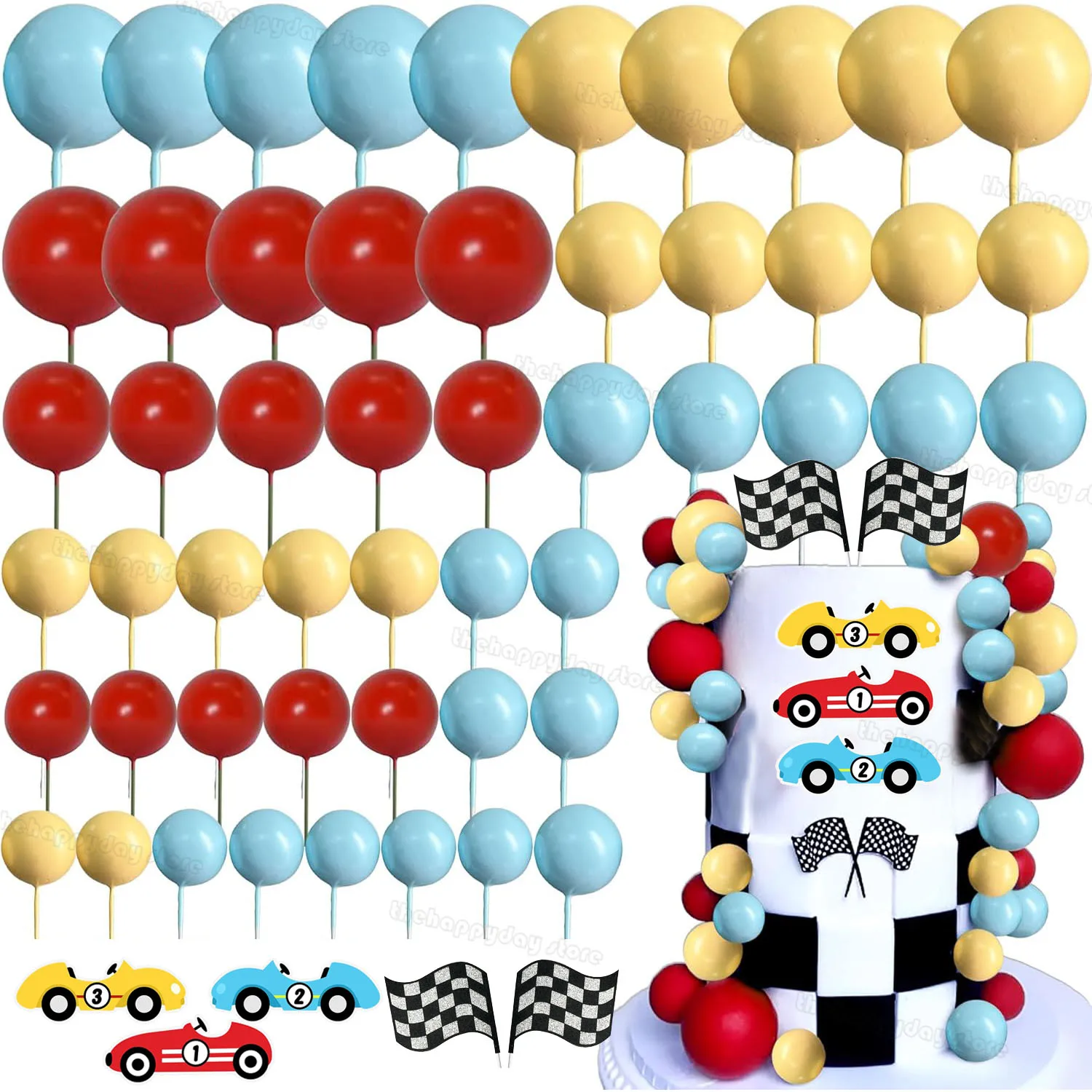 1 Set Rennwagen-Geburtstagstorten-Dekorationen, Rot-Gelb-Blaue Kugeln, Tortendekorationen für Rennwagen-Geburtstage von Jungen und Mädchen, Babyparty-Deko