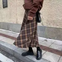 Autumn Winter Woolen Knee-Length A-Line Skirt Women's Versatile Slimming Midi Skirt Casual High Waist Plaid f-Length Skirt - Image 3
