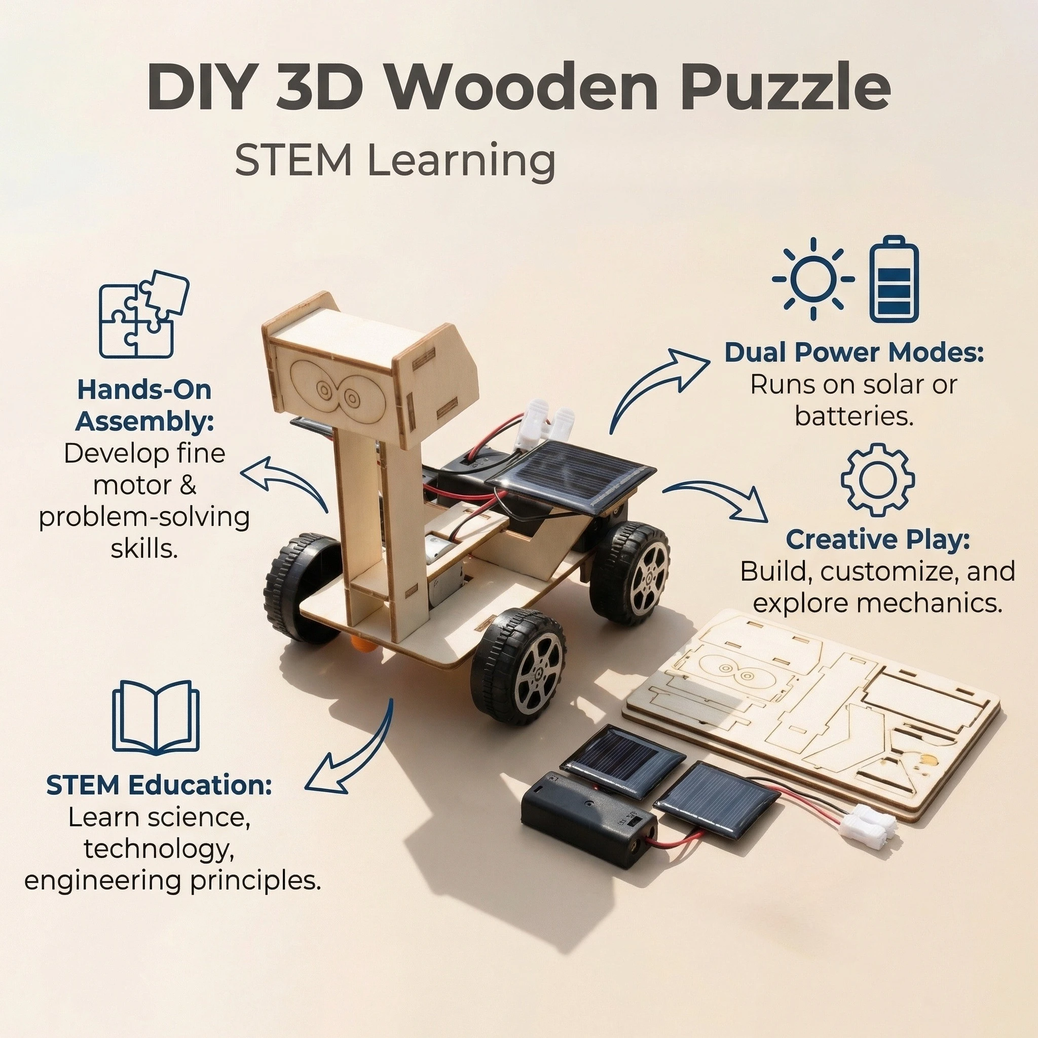 태양열 구동 달 탐험선 3D 나무 퍼즐 모델 키트, STEM 과학 실험을 위한 DIY 손으로 조립하는 탁상 게임