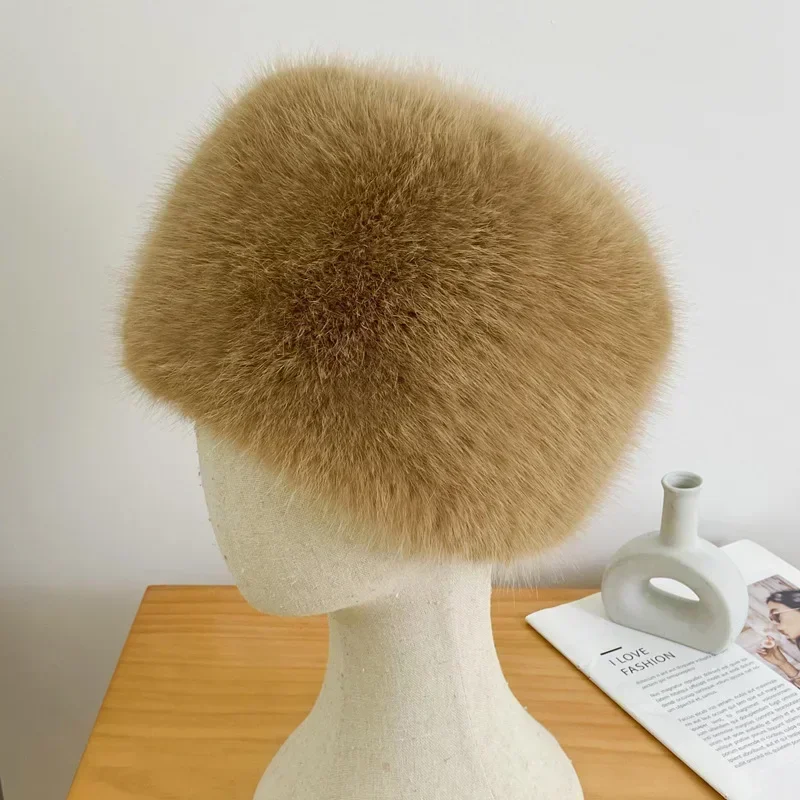 Super Fashion Winter Snow Hat Faux Fur Thick Women Fluffy Fur Cap Ski Russian Windproof Hat Party Luxury Warm Fox Fur Cap Black 6