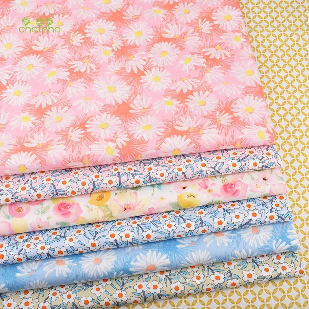 Chainho,Printed Twill Weave Cotton Fabric,DIY Sewing & Quilting Material,Patchwork Cloth,Floral Series,7 Designs,2 Sizes,CC097