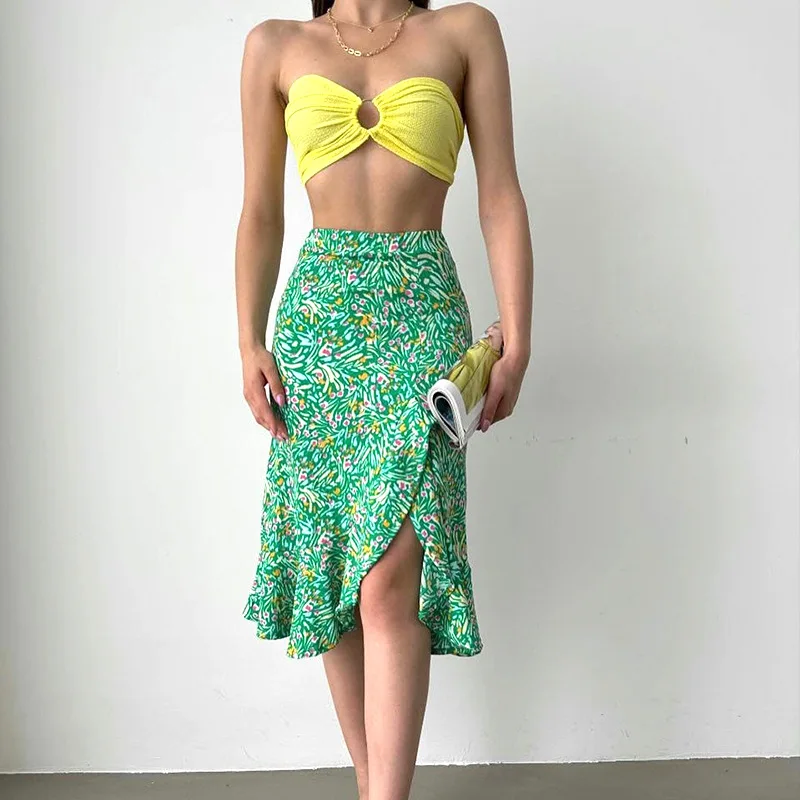 

European And American Summer New Women's Fresh Printed Skirt Travel Beach Vacation Tight High Waist Split Irregular Hem Skirt