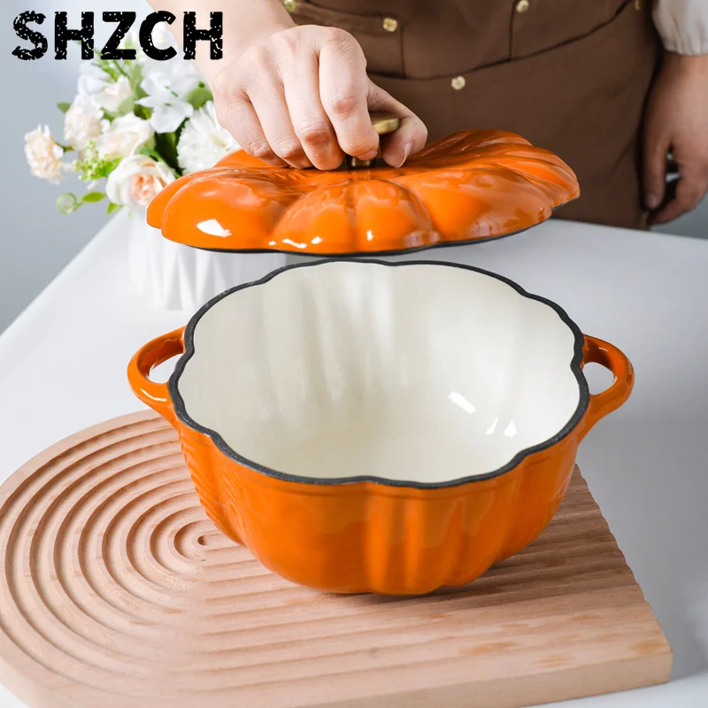 Pumpkin Shaped Enameled Cast Iron Dutch Oven - Multi-Functional Stew Pot-Ga/s & Induction Compatible - Home Cooking Essential